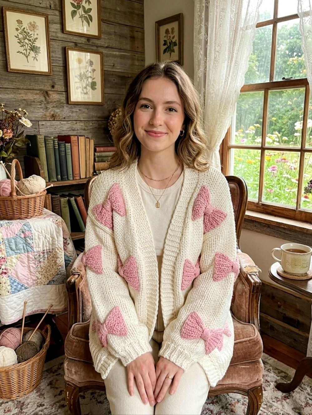 Altar'd State Victoria Bow Cardigan Cream Pink Knit Open Front Sweater Size XS - Picture 12 of 12